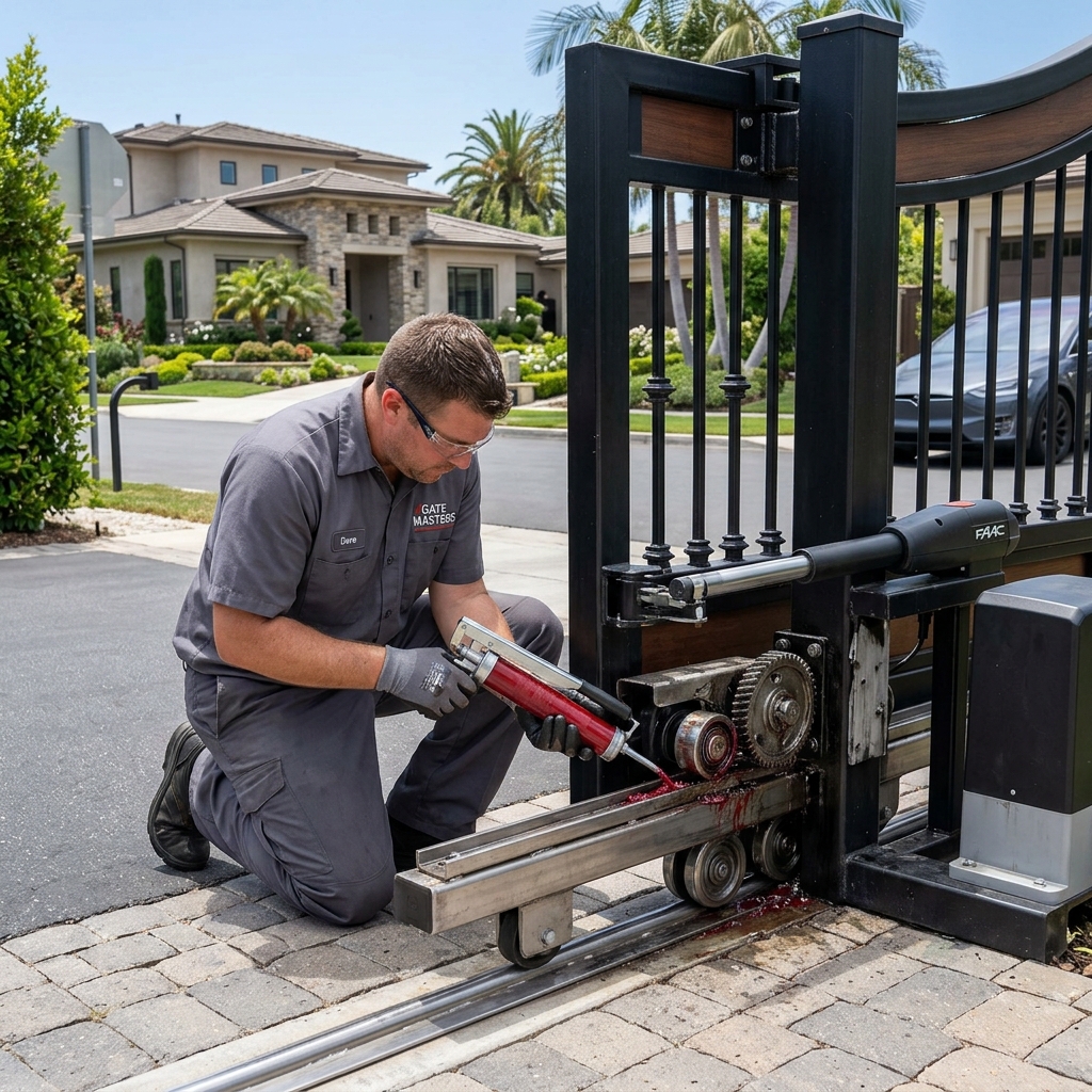 Certified technician lubricating high-torque sliding gears and roller tracks of an automatic gate operator