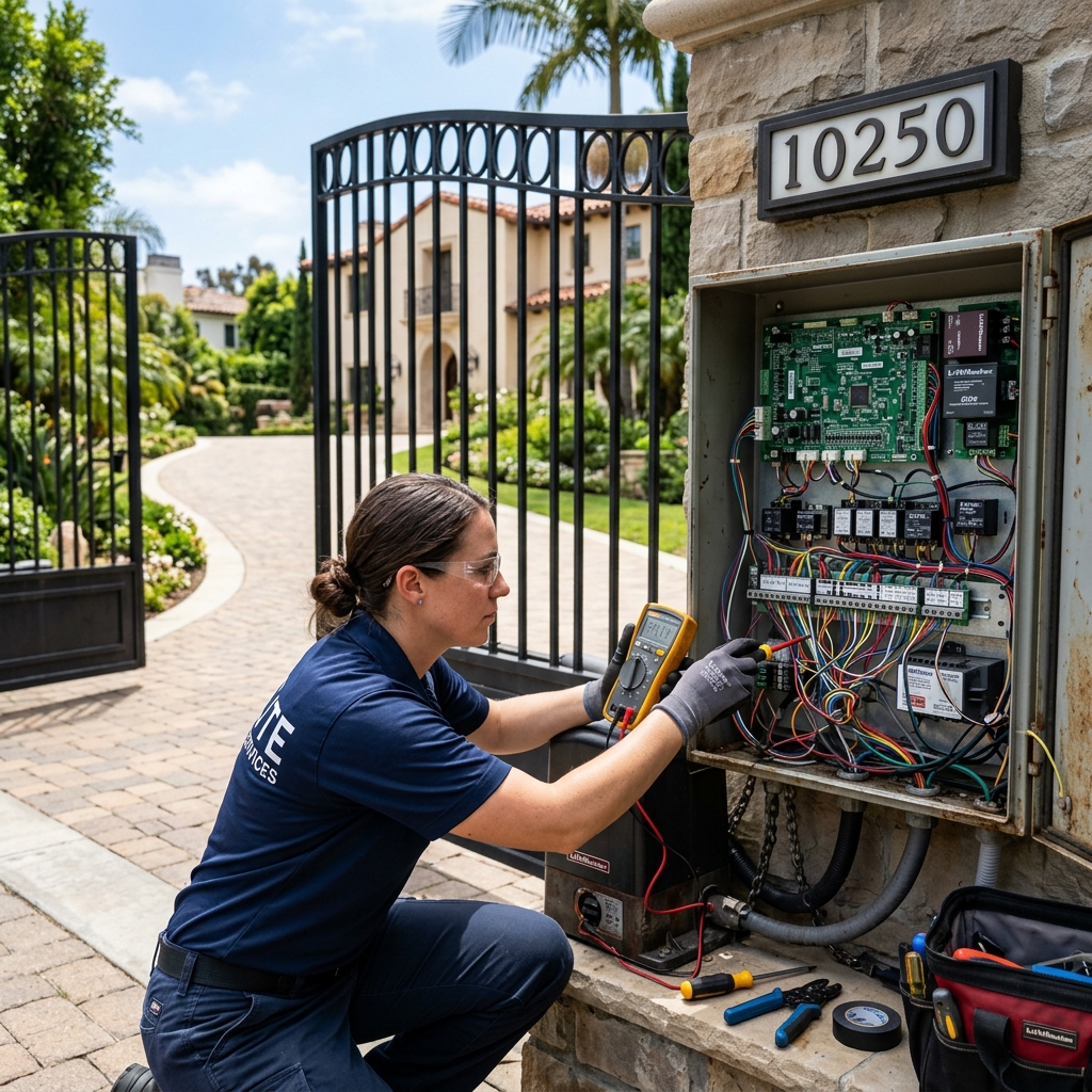 Gate technician inspecting electronic control board of an automated slide gate operator
